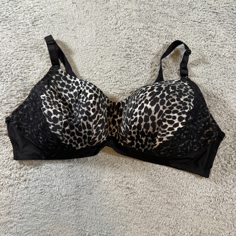 Torrid 44D Wire Free Bra Plus Size Black White Leopard Print Lace Trim Comfort